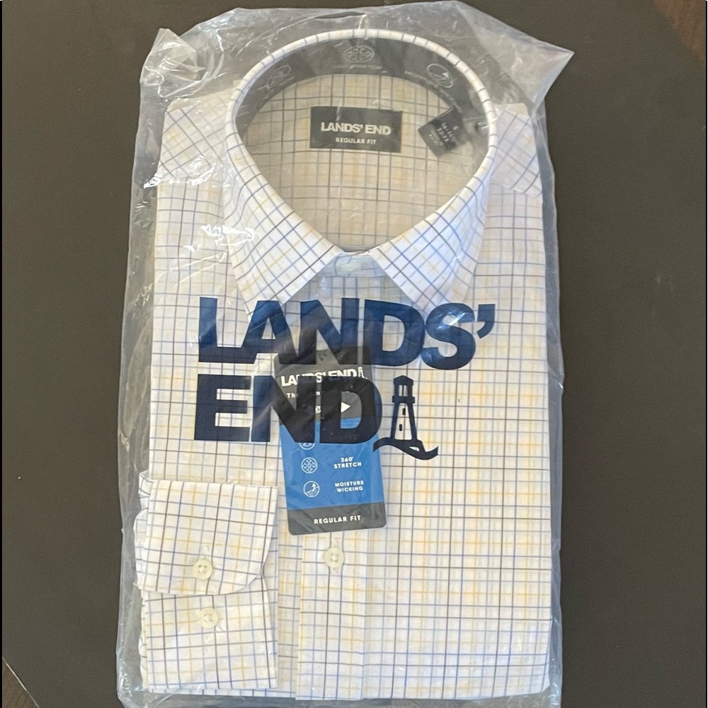 NEW Lands’ End Blue Plaid Long Sleeve Dress Shirt - size 14-14.5”/32-33